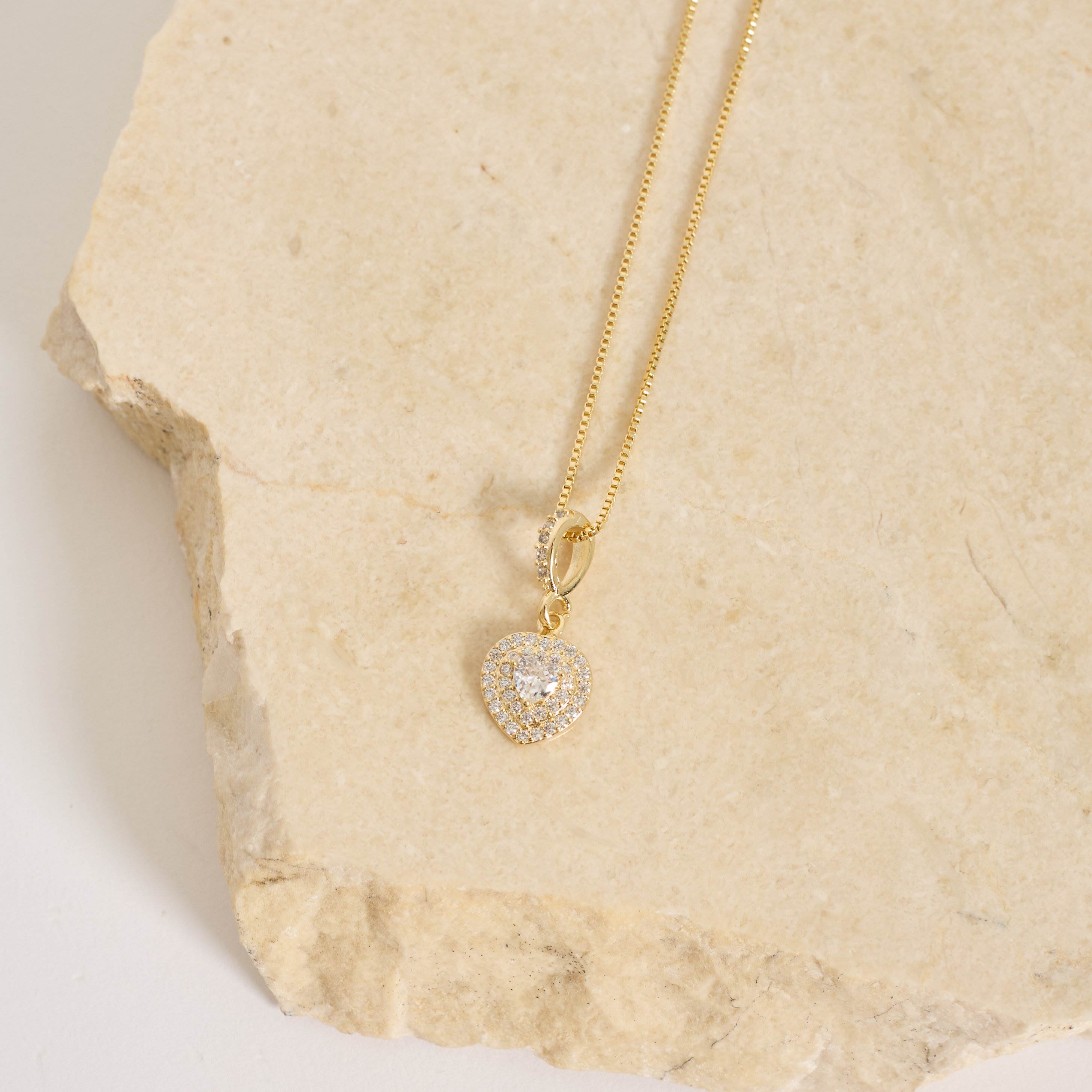 Colar pingente zircônia coração com duplo cravejado 10mm 45cm com alongadora